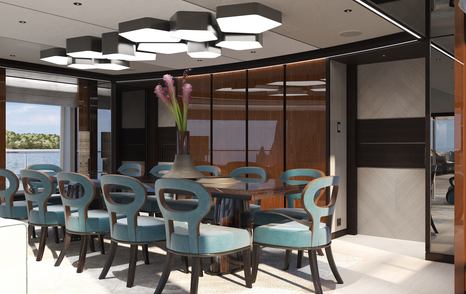 Rendering of superyacht Solemate's main saloon dining room