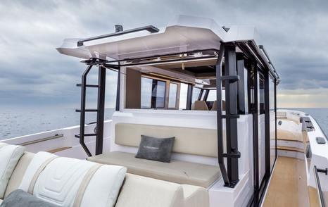 Technohull XPD 46 boat superstructure with shaded seating and sunpads
