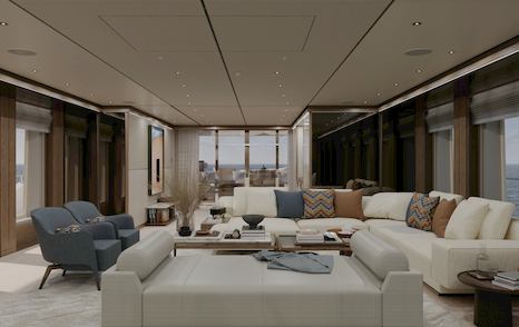 Rendering of Superyacht Project Agnetha's main saloon with L-shaped sofa