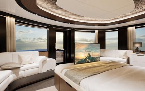 Rendering of GX42 Superyacht master cabin with pop up TV and window seating