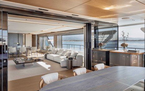 Rendering of Azimut Grande 44M motor yacht salon with large glass sliding doors