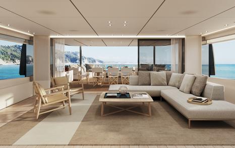 Rendering of Custom Line Navetta 35 superyacht skylounge with L-shaped sofa 