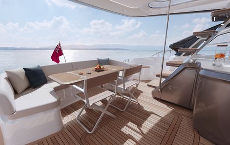 Rendering of Princess S65 motor yacht aft deck with alfresco dining