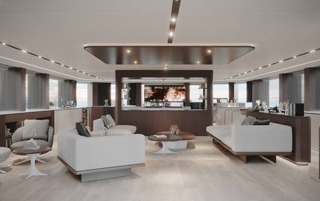 Rendering of VisionF 101 catamaran saloon with parallel white sofa and central TV