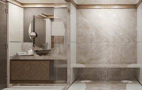 Rendering of Superyacht Agnetha master cabin ensuite shower and sinks