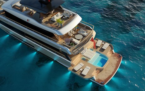 Sirena 42M aerial view aft deck beach club