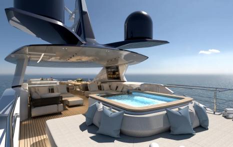 Rendering of Dearsan Superyacht Queen Yaz upper deck jacuzzi with surrounding sunpads 