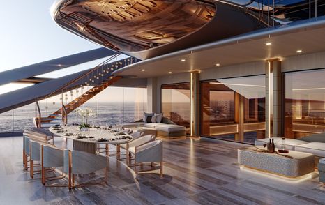Rendering of superyacht Project Elf futuristic aft deck with shaded alfresco dining 
