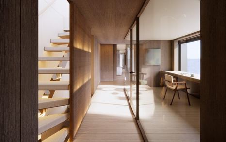 Motor yacht Oasis Benetti 42M stairway with office area to the right 