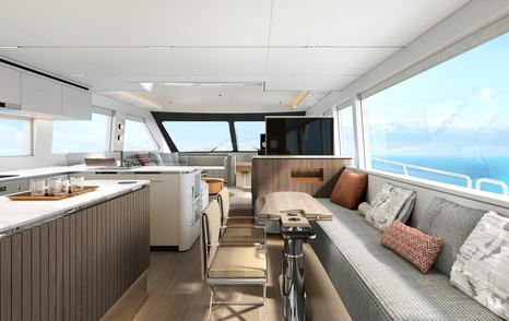 Rendering of CL Yachts CLB65 SUV motor yacht main saloon forward dining area 