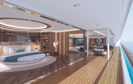 Rendering of Superyacht Somnio's apartment with bed and living area