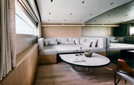 Sanlorenzo SL86A motor yacht cinema room with grey sunpad like seating