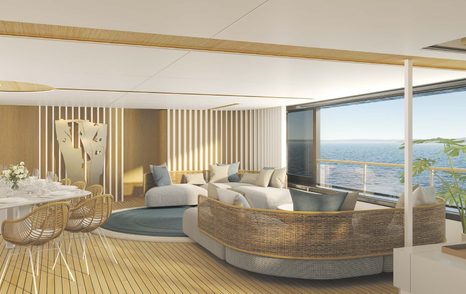 Rendering of Benetti Motopanfilo 45M motor yacht interior with curved seating 