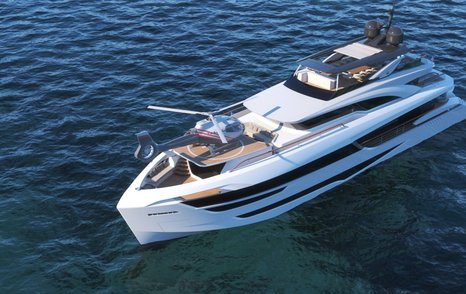 rendering of a helicopter landing on the foredeck touch-and-go helipad of the Ilumen yacht Peppermint