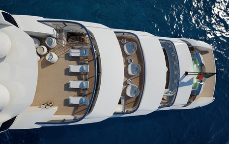 Aerial Rendering of ISA Continental 80 superyacht aft decks with sun loungers and seating area 