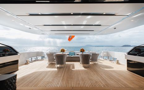 Superyacht Ambar main aft deck shaded alfresco dining 
