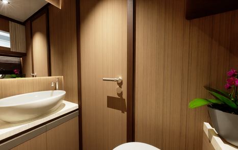 Ensuite bathroom on motor yacht Greenline 42 with oval sink, plants and wood panelling