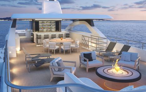 Sundeck of motor yacht Burger 180/02 with ornamental fire and modular seating