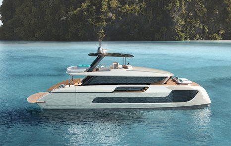 Rendering of Sunreef Ultima 77 catamaran at anchor 