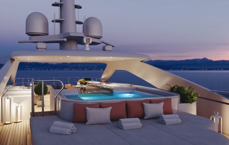 Rendering of Superyacht Pa'lante upper deck jacuzzi with surrounding grey sunpads 