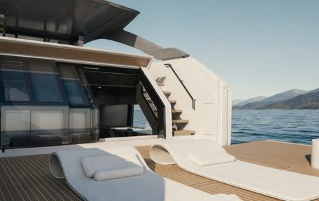 Bluegame BG64 motor yacht beach club lounge area 
