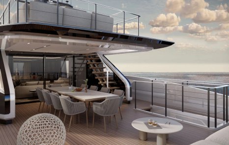 Rendering of Custom Line Saetta 128 Superyacht main aft deck with shaded alfresco dining