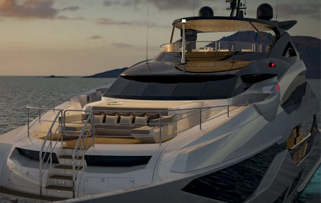 Rendering of Sunseeker 134 Superyacht foredeck with stairs and U-shaped sunpads 