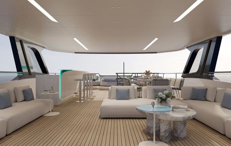 Rendering of Bering 110 explorer yacht upper deck L-shaped white sofa