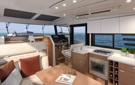 Beneteau Swift Trawler 37 Fly main saloon and lower helm with dinette and galley