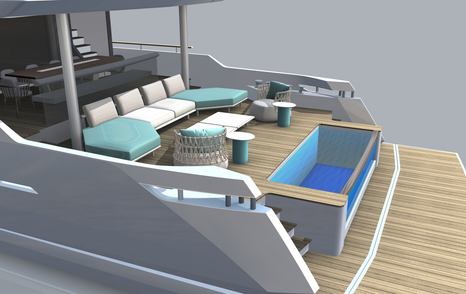 Aft deck option rendering of Numarine 40MXP, exterior lounge area with infinity pool.