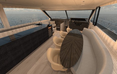 Rendering of St-Barth 85 Fly motor yacht flybridge shaded seating