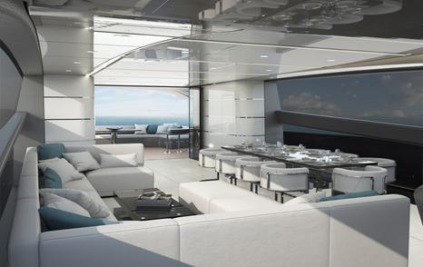 CGI showing interior of Otam yacht and comfortable seating and tables