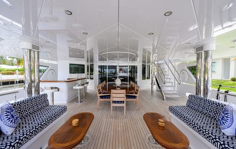 Superyacht Neenah main aft deck with alfresco dining and bar area