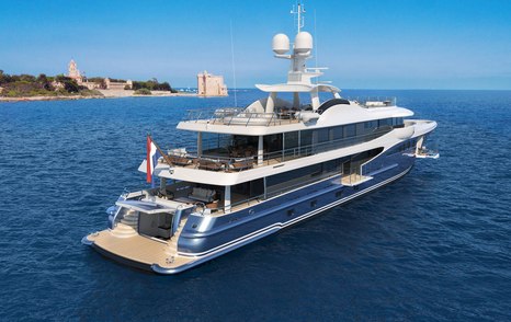 Amels yacht exterior shot near land