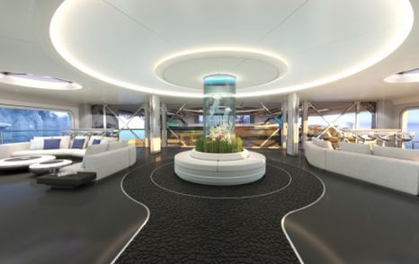 Overview of beach club onboard Thor Explore, grey floors and curved seating on either side with column aquarium in centre