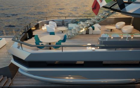 Rendering of explorer yacht Atlas' aft deck with stair case and circular table