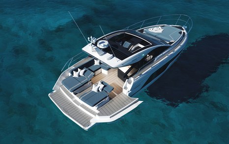 Aerial rendering looking down on Fairline Targa 40, bulwark folded down, surrounded by sea.