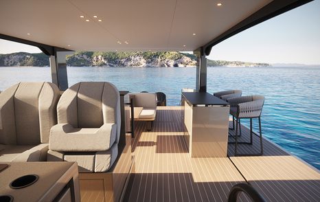 Rendering of Forte 47 boat helm station and fixed seating 