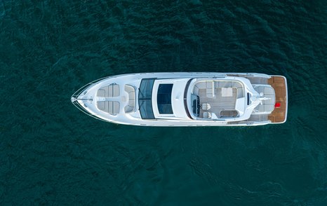 Princess S65 Mk2 sportsbridge yacht viewed from directly above at sea