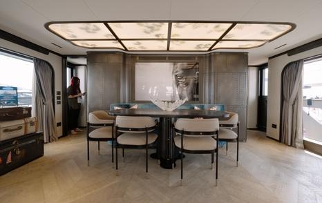 Sirena 118 upper saloon dining area with backlit ceiling panels