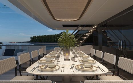 Rendering of Bering 165 explorer yacht aft deck with shaded alfresco dining area 