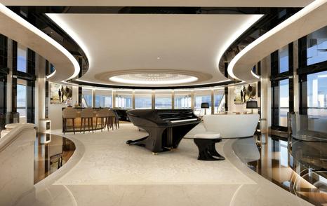 Rendering of Superyacht Kismet salon with grand piano 