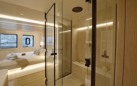 Sunreef Ultima 88 owner’s bathroom with large shower and glass partition