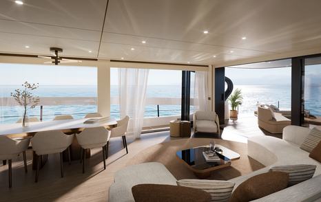 Rendering of Azimut Seadeck 9 saloon with neutral pallet, dining area and curved white seating