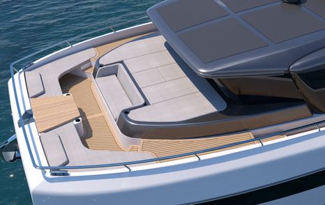 Rendering of Canados Heritage 67 Catamaran foredeck with U-shaped seating and large sunpads 