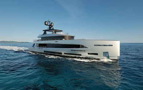 Rendering of Sirena Yachts 42m underway. Side on view looking at the bow of the superyacht. Surrounded by sea.