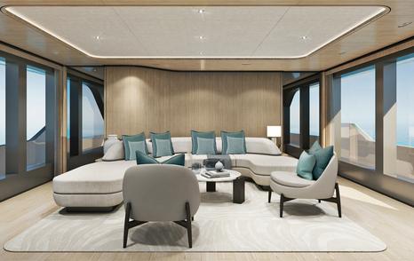 Rendering of Atlante Classic 36 motor yacht interior seating with L-shaped sofa 