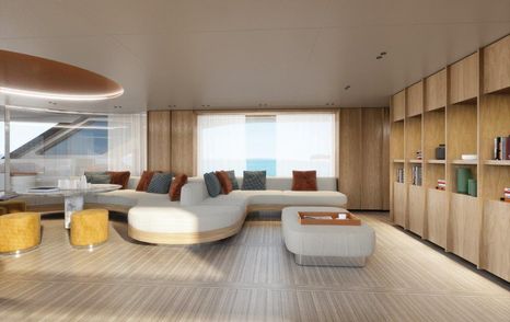 Interior rendering showing comfortable seating and shelving