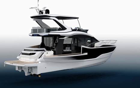 Galeon 520 Fly flybridge yacht profile highlighting extended balconies, large glazing and modern superstructure design
