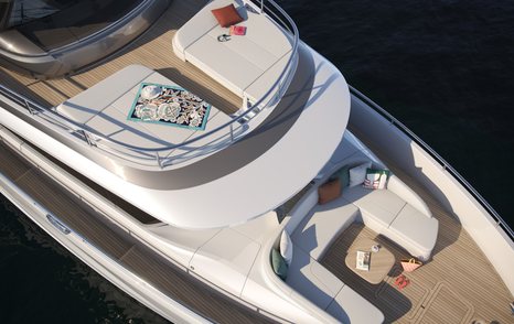 The X80's flybridge has sunpads and, aft, a communal area with sofas.